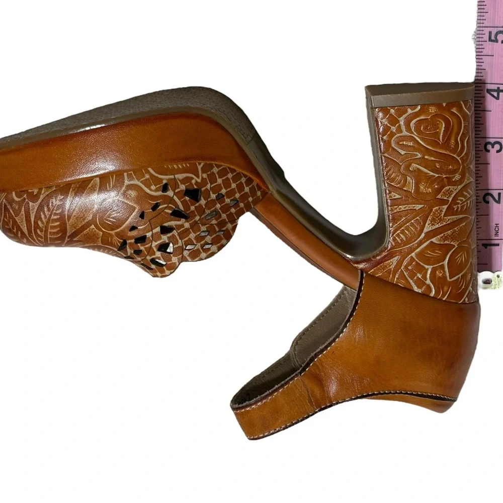 Spring Step Cognac Leather Platform Sandals with Carved Block Heel